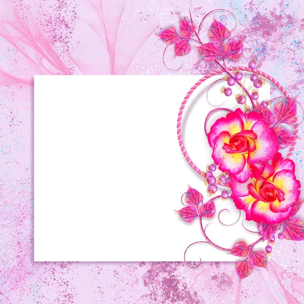 Greeting Card Flower Arrangement Delicate Pink Lilac Roses Curls Bright — Stock Photo, Image