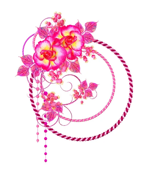 シルバー 光沢のあるウィッカーサークルの金ロープ チェーンジュエリー モダンな抽象的なストライプ ピンクのヴィンテージバラの花の配置 — ストック写真