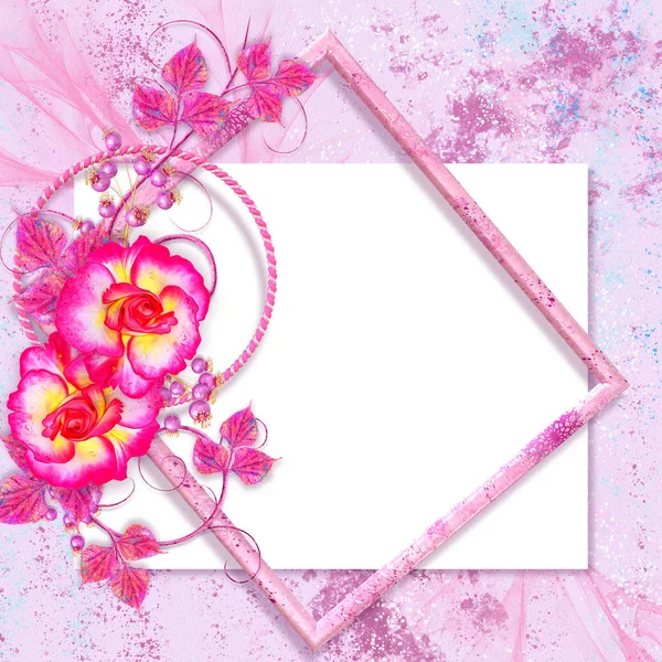 Grußkarte Blumenarrangement Aus Zarten Rosa Lila Rosen Locken Und Hellen — Stockfoto