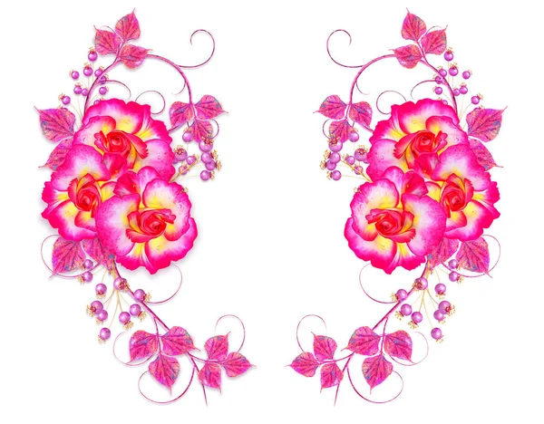 Disposizione Floreale Delicate Rose Rosa Foglie Lilla Riccioli Traforati Stile — Foto Stock