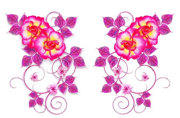 Aranżacja Kwiatów Delikatnych Róż Róż Liści Liliowy Ażukowych Loki Rocznika — Zdjęcie stockowe