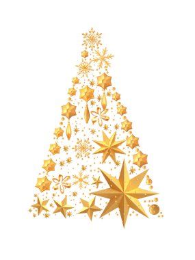 Noel geçmişi. Yıldız, top, kar taneleri şeklinde altın süslemeleri Noel ağacının rakam. Tebrik kartı, davetiye, yeni yıl, izole. 3d render.