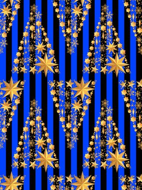 Noel geçmişi. Yıldız, top, kar taneleri şeklinde altın süslemeleri Noel ağacının rakam. Tebrik kartı, davetiye, Yeni yıl sorunsuz desen, 3d render.