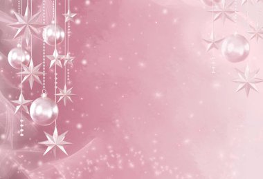 Noel yumuşak pastel parlayan arka plan, Yeni Yıl, parlak altın topları, çok renkli serpantin, bukleler, yanan ışıklar. 3d render