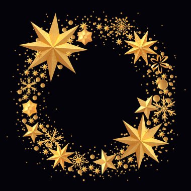 Yeni yıl deseni. Noel teması, altın açık parlak kar taneleri, yıldız, 3D Rendering.