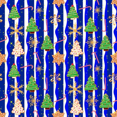 Kusursuz desen. Noel tatili teması, Yeni Yıl, zencefilli çörek, boyalı sır zencefilli çörek, altın kar taneleri, Noel ağacı şekli, glitter, yatay çizgili.