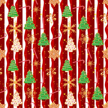 Kusursuz desen. Noel tatili teması, Yeni Yıl, zencefilli çörek, boyalı sır zencefilli çörek, altın kar taneleri, Noel ağacı şekli, glitter, yatay çizgili.