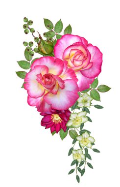 Çiçek kompozisyon. Parlak güzel kırmızı sarı gül buketi, yeşil yaprakları. Beyaz arka plan üzerinde izole.