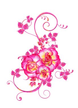 Narin pembe güller, leylak yaprakları, openwork bukleler, vintage retro tarzı çiçek aranjmanı. Beyaz arka planda yalıtılmış.