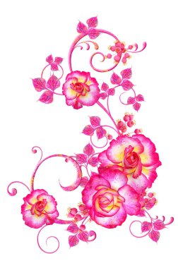 Narin pembe güller, leylak yaprakları, openwork bukleler, vintage retro tarzı çiçek aranjmanı. Beyaz arka planda yalıtılmış.