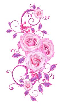 Narin pembe güller, leylak yaprakları, openwork bukleler, vintage retro tarzı çiçek aranjmanı. Beyaz arka planda yalıtılmış.