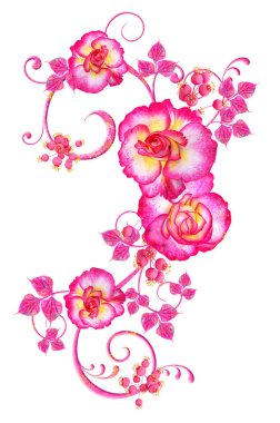 Narin pembe güller, leylak yaprakları, openwork bukleler, vintage retro tarzı çiçek aranjmanı. Beyaz arka planda yalıtılmış.