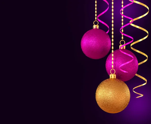Χριστούγεννα Σκούρο Φως Φόντο Πρωτοχρονιά Γυαλιστερές Χρυσές Μπάλες Πολύχρωμη Σερπεντίνη — Φωτογραφία Αρχείου