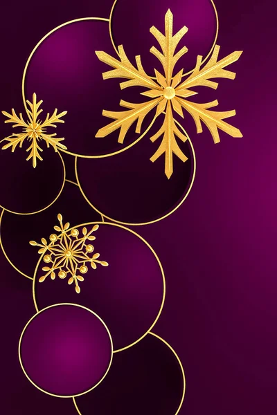 Darstellung Abstrakte Kreise Auf Dunkelviolettem Hintergrund Goldrand Durchbrochene Goldglänzende Schneeflocke — Stockfoto