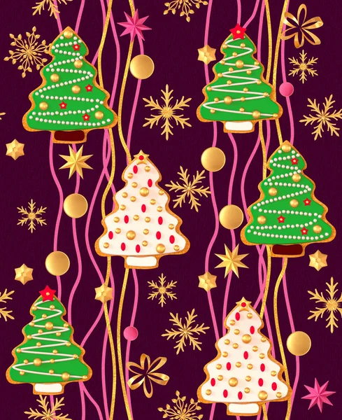 シームレスなパターン クリスマスホリデーのテーマ ジンジャーブレッド 塗装釉薬ジンジャーブレッド 黄金の雪片 クリスマスツリーの形 キラキラ キャンディ 3Dレンダリング — ストック写真