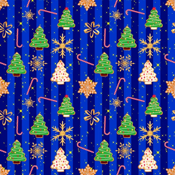 シームレスなパターン クリスマスホリデーのテーマ ジンジャーブレッド 塗装釉薬ジンジャーブレッド 黄金の雪片 クリスマスツリーの形 キラキラ 水平ストライプ — ストック写真
