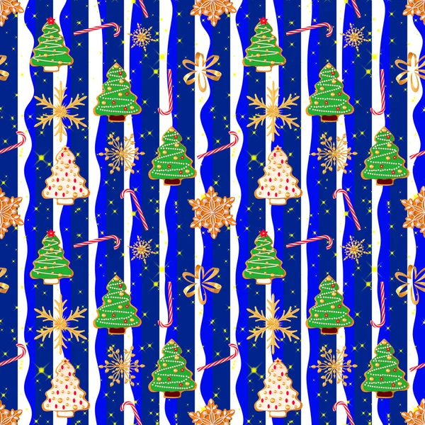 无缝模式 圣诞假期主题 漆釉姜饼 金色雪花 圣诞树形状 闪闪发光 水平条纹 — 图库照片