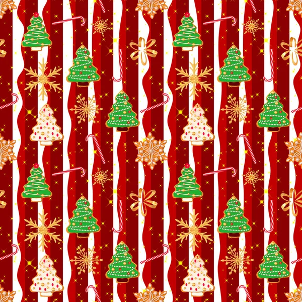 シームレスなパターン クリスマスホリデーのテーマ ジンジャーブレッド 塗装釉薬ジンジャーブレッド 黄金の雪片 クリスマスツリーの形 キラキラ 水平ストライプ — ストック写真