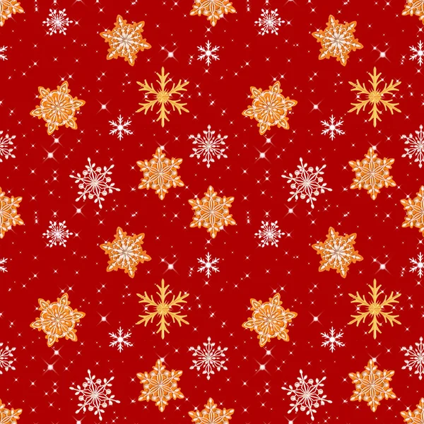 无缝模式 圣诞假期主题 漆釉姜饼 金色雪花 圣诞树形状 闪闪发光 — 图库照片