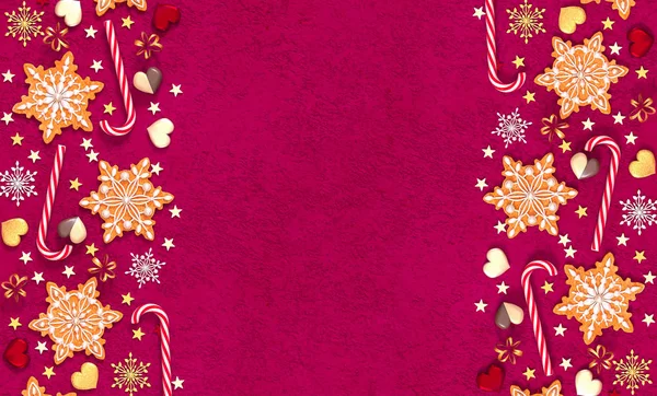Kerst Peperkoek Vorm Van Sparren Sneeuwvlokken Candy Harten Decoratie Glanzende — Stockfoto