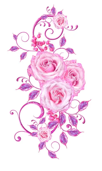 Λουλούδι Διάταξη Των Ντελικάτη Ροζ Τριαντάφυλλα Λιλά Φύλλα Διάτρητο Μπούκλες — Φωτογραφία Αρχείου