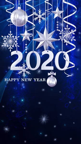 クリスマス輝く背景新年 2020年 銀のボール 幻想的なぼやけた雲と空の勾配 ソフトフォーカス グランジテクスチャ 輝く輝く星 カール 燃えるライト レンダリング — ストック写真