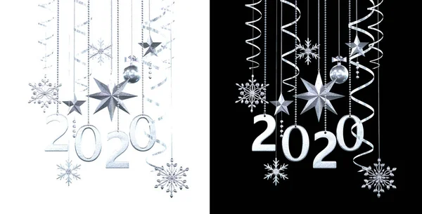 Bola Prata Brilhante Ano Novo Decoração Estrela Cachos Fundo Natal — Fotografia de Stock