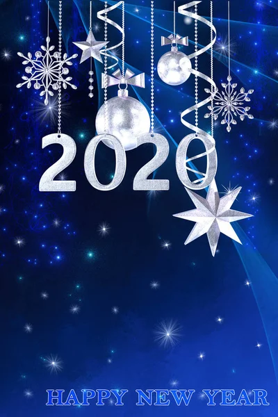 クリスマス輝く背景新年 2020年 銀のボール 幻想的なぼやけた雲と空の勾配 ソフトフォーカス グランジテクスチャ 輝く輝く星 カール 燃えるライト レンダリング — ストック写真