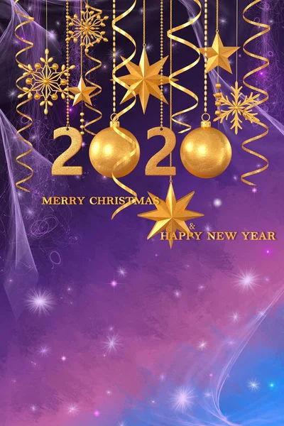 クリスマス輝く背景新年 2020年 金のボール 幻想的なぼやけた雲と空の勾配 ソフトフォーカス グランジテクスチャ 輝く輝く星 カール 燃えるライト レンダリング — ストック写真