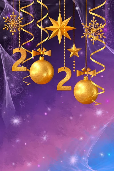 Kerst Glanzende Achtergrond Nieuwjaar 2020 Gouden Ballen Fantastische Wazig Wolk — Stockfoto