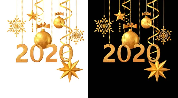 新年の光沢のある黄金のボール 多色の装飾 カール クリスマスの背景 2020年 孤立した — ストック写真