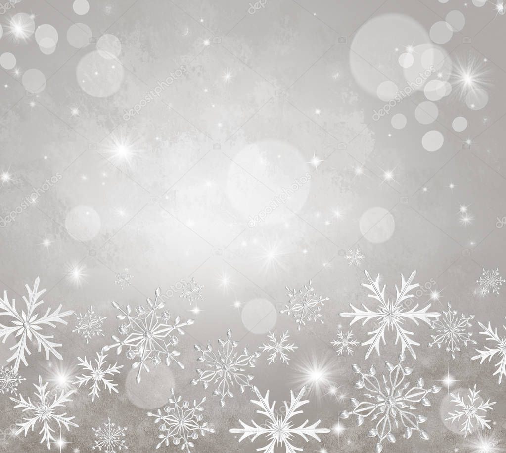 Christmas shining background New Year, silver snowflake, fantastic blurred cloud and sky gradient, soft focus, glittering sparkling stars, burning lights, dream. 3d rendering