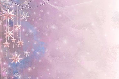 Noel parlayan arka plan Yeni Yıl, gümüş kar tanesi, top, fantastik bulanık bulut ve gökyüzü gradyan, yumuşak odak, pırıl pırıl yıldız, yanan ışıklar, rüya, pembe pastel renkler 3d render