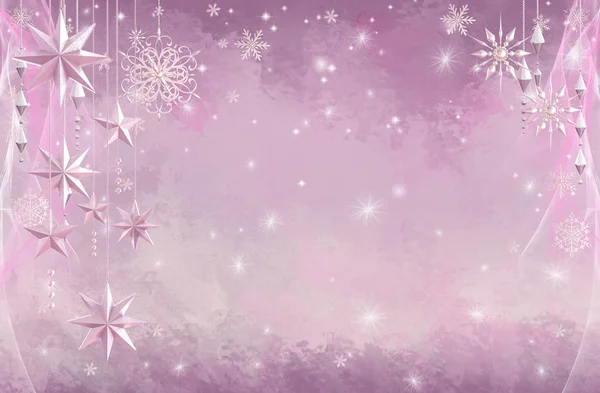 クリスマス輝く背景新年 銀の雪片 幻想的なぼやけた雲と空のグラデーション ソフトフォーカス 輝く輝く星 燃える光 ピンクのパステルカラー 3Dレンダリング — ストック写真