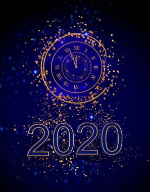 Noel parlayan arka plan Yeni Yıl, 2020, yuvarlak altın saat, ışıklı daireler, tinsel, konfeti, yıldız. 3d render
