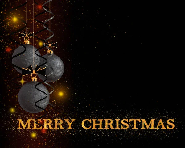 Christmas shining background New Year, black balls, snowflake, fantastic dark black gradient, soft focus, glittering sparkling stars, curls, burning lights, golden tinsel, serpentine, 3d rendering