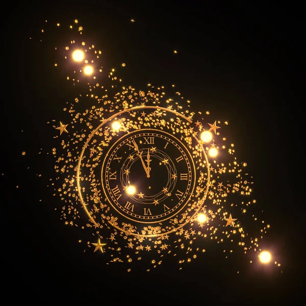 Christmas shining background New Year, round gold clock, luminous circles, tinsel, confetti, stars. 3d rendering