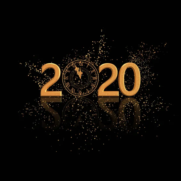 Noel parlayan arka plan Yeni Yıl, 2020, yuvarlak altın saat, ışıklı daireler, tinsel, konfeti, yıldız. 3d render