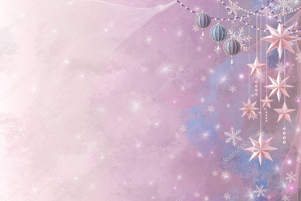 Christmas shining background New Year, silver snowflake, ball, fantastic blurred cloud and sky gradient, soft focus, glittering sparkling stars, burning lights, dream, pink pastel colors 3d rendering