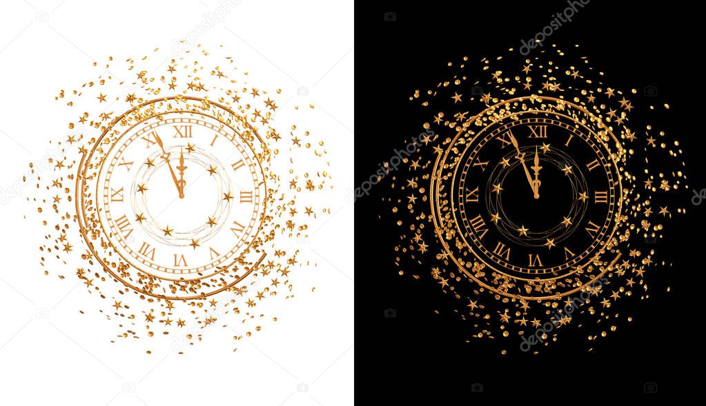 Christmas shining background New Year, 2020, round gold clock, luminous circles, tinsel, confetti, stars. 3d rendering