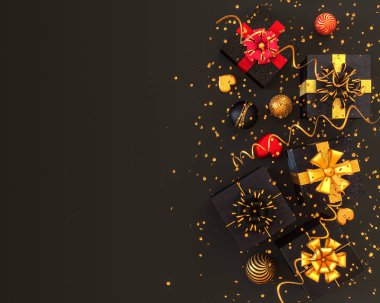 Noel parlak siyah arka plan, Yeni Yıl, kara kutu, altın yay, uçan konfeti, sclock, parkles, tinsel, topları, kalp, oyuncaklar, top, serpantin, çelenk aydınlatma, 3d render,