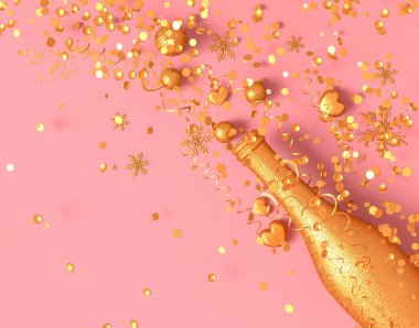 Pembe arka plan, altın şişe, dekoratif parlak topları, kalp, konfeti, tinsel, 3d render, Noel, Mutlu Yıllar