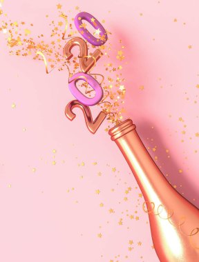 Pembe şenlikli arka plan, altın şişe, uçan tinsel, konfeti, yıldız, 3d render, köpüklü sayılar 2020, mutlu yeni yıl.