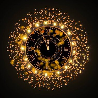 Noel parlayan arka plan Yeni Yıl, yuvarlak altın saat, ışıklı daireler, tinsel, konfeti, yıldız, aydınlatma, ışıklar, çelenk, 3d render