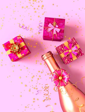 Pembe şenlikli arka plan, altın şişe, uçan tinsel, hediye kutuları, dekoratif yay, konfeti, yıldız, 3d render.