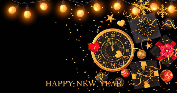 Christmas shiny black background, New Year, black box, clock,gold bow, flying confetti, sclock, parkles, tinsel, balls, heart, toys, ball, serpentine, garland illumination, 3D rendering,