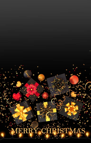 Weihnachten Glänzenden Schwarzen Hintergrund Neues Jahr Black Box Goldene Schleife — Stockfoto