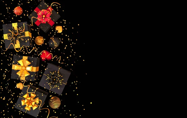Kerst Glanzend Zwarte Achtergrond Nieuwjaar Zwarte Doos Gouden Boog Vliegende — Stockfoto
