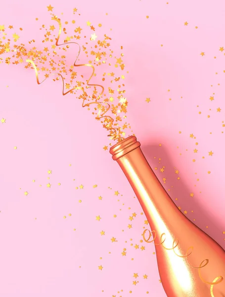 Fondo Festivo Rosa Botella Oro Oropel Volador Confeti Estrellas Representación —  Fotos de Stock