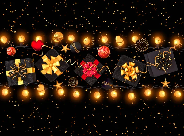 Navidad Brillante Fondo Negro Año Nuevo Caja Negra Reloj Arco —  Fotos de Stock